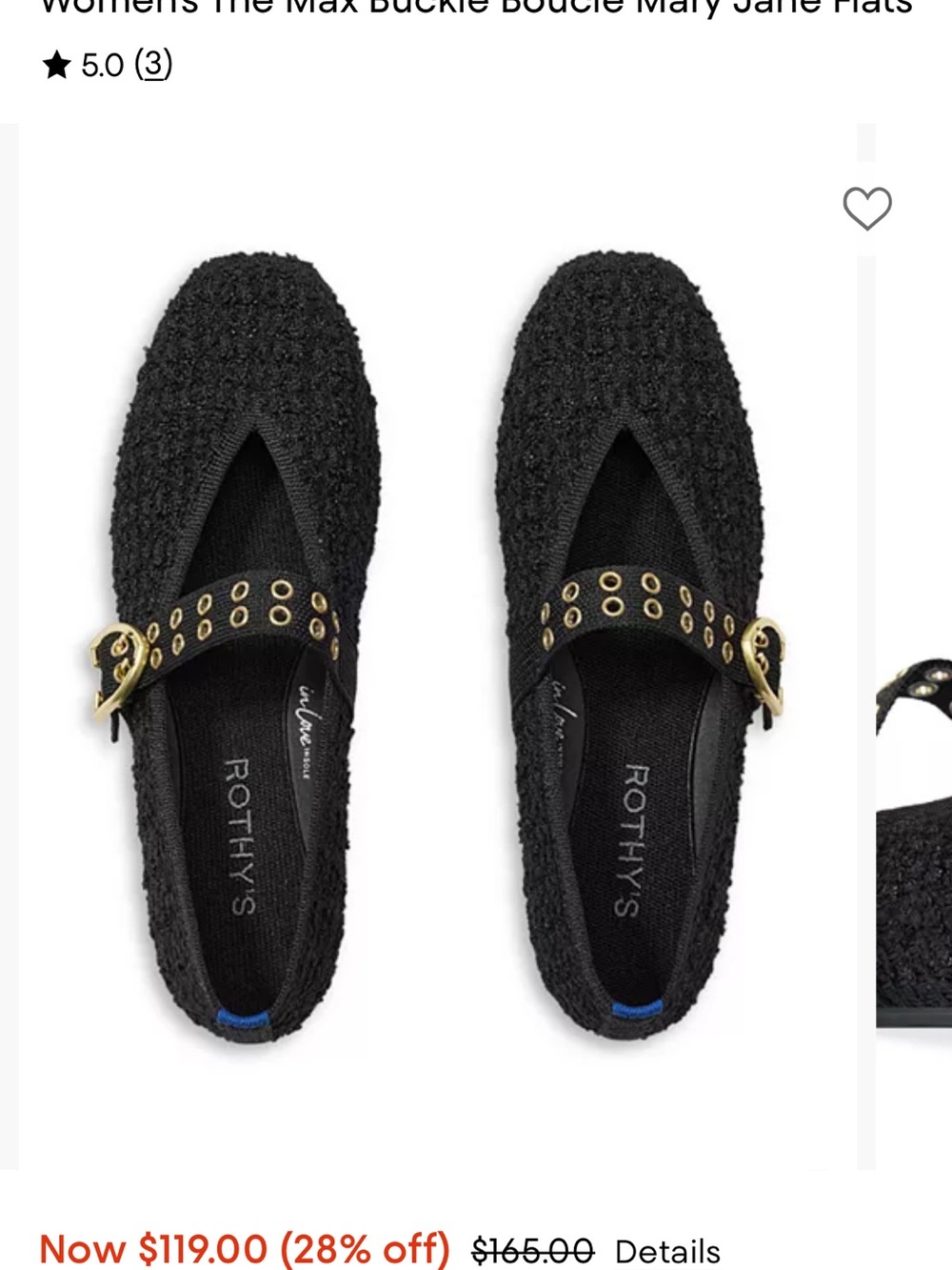 Rothy's Black Bouclé Mary Jane Flats with Gold Buckle